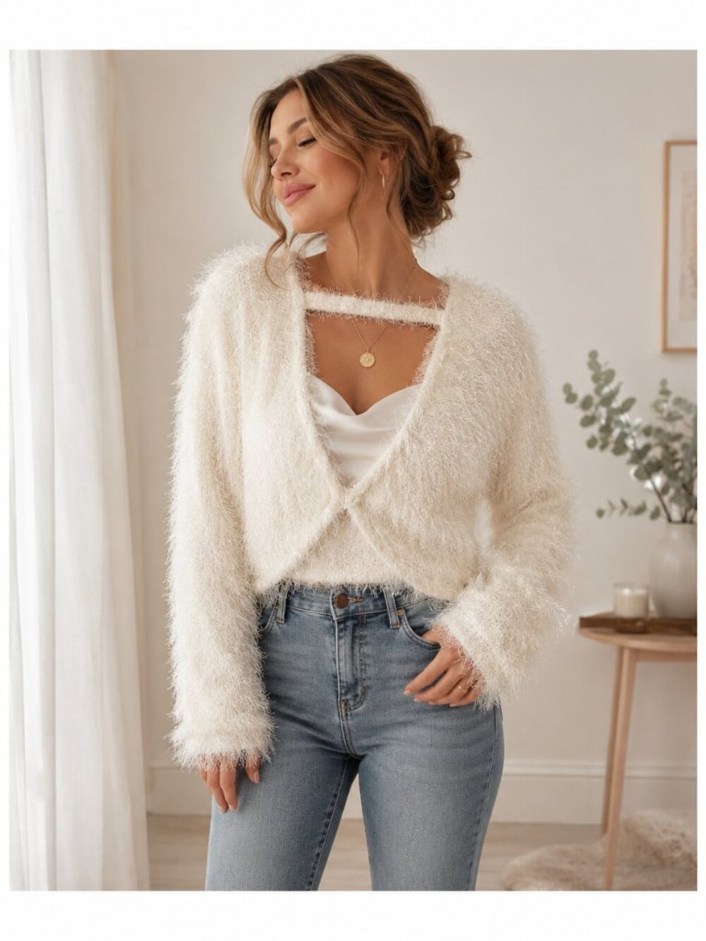 Xhilaration Ivory Eyelash Knit Cropped Bolero Cardigan | Size Small
